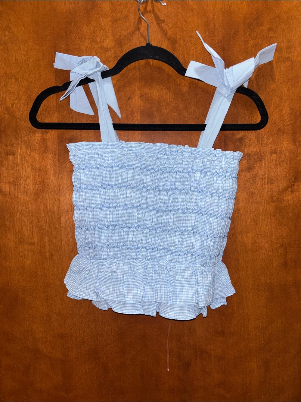 Smocked Tie-Shoulder Crop Top in Light Blue